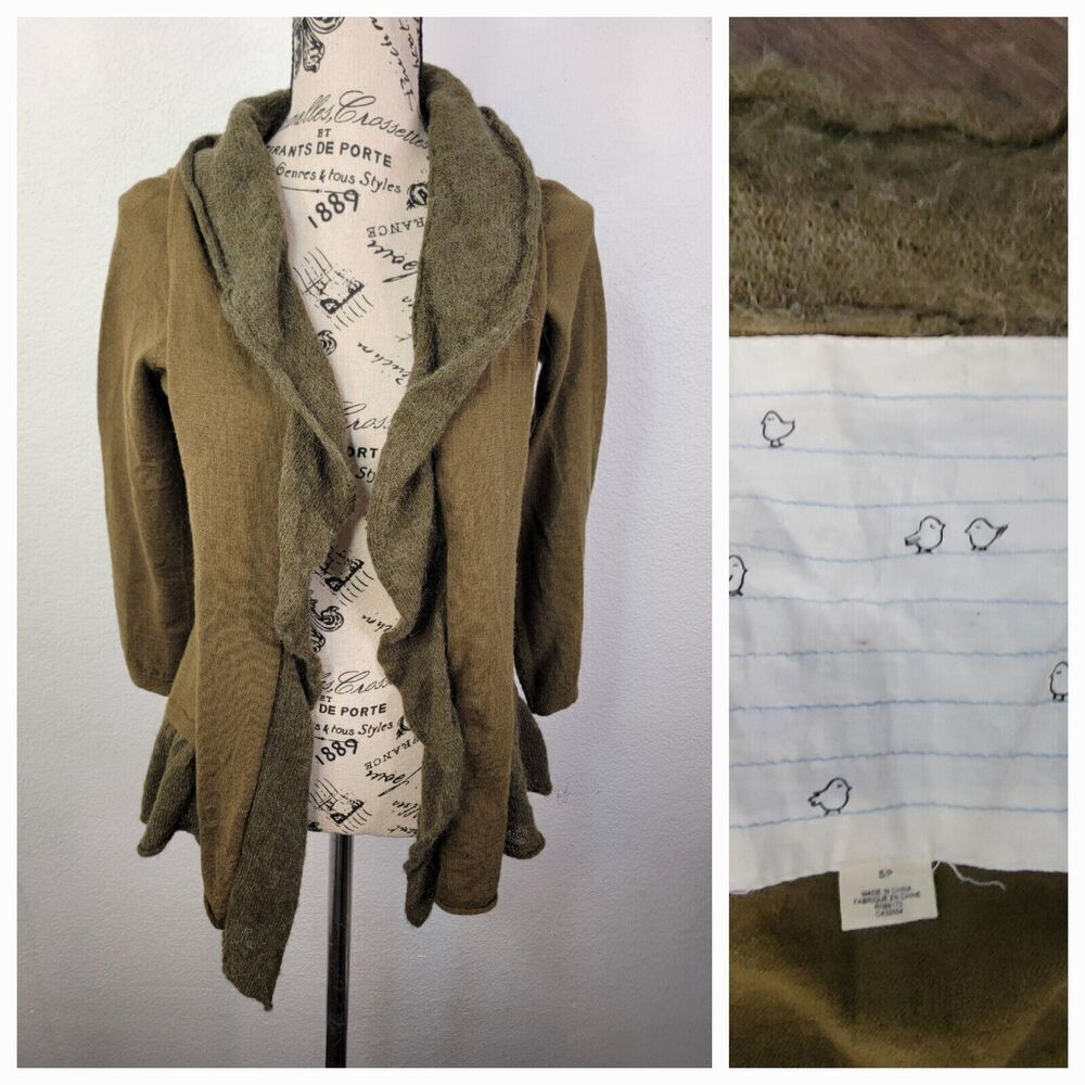 Birds On A Wire Anthropologie Cardigan SZ S Ruffled Wool Alpaca Green Goblincore